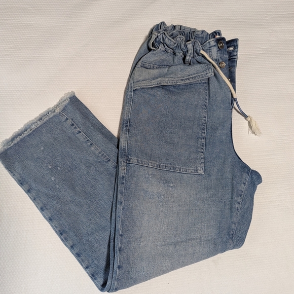 FREE PEOPLE Jeans Womens Small S Wide-Leg Crop Flap Pockets Raw-Hem Paperbag. - Picture 2 of 11